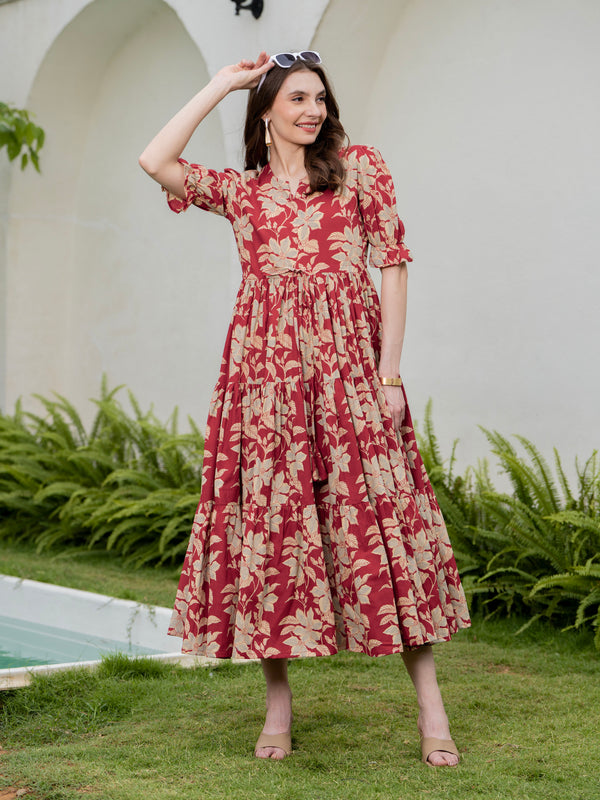 Red Pure Cotton Printed Round Neck Half Sleeves Calf Length Dress Mizaz Jaipur
