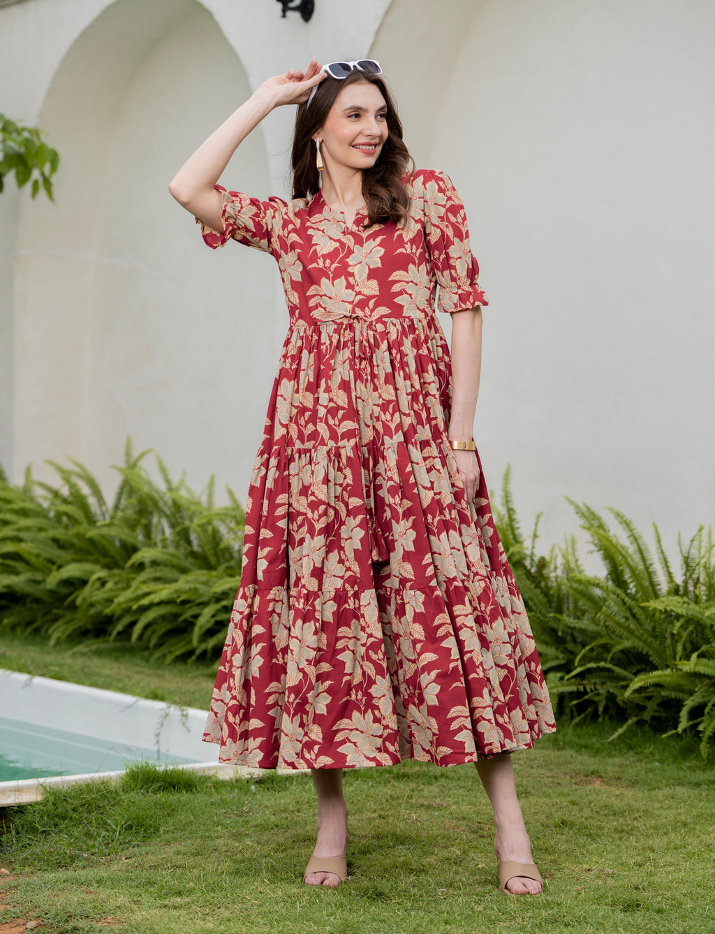 Red Pure Cotton Printed Round Neck Half Sleeves Calf Length Dress Mizaz Jaipur