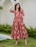 Red Pure Cotton Printed Round Neck Half Sleeves Calf Length Dress Mizaz Jaipur