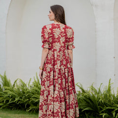 Red Pure Cotton Printed Round Neck Half Sleeves Calf Length Dress Mizaz Jaipur