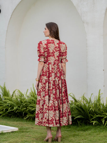 Red Pure Cotton Printed Round Neck Half Sleeves Calf Length Dress Mizaz Jaipur