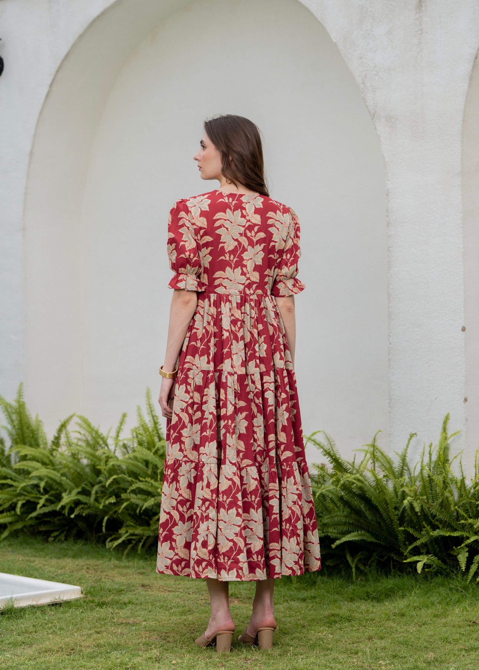 Red Pure Cotton Printed Round Neck Half Sleeves Calf Length Dress Mizaz Jaipur