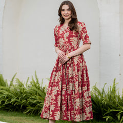Red Pure Cotton Printed Round Neck Half Sleeves Calf Length Dress Mizaz Jaipur