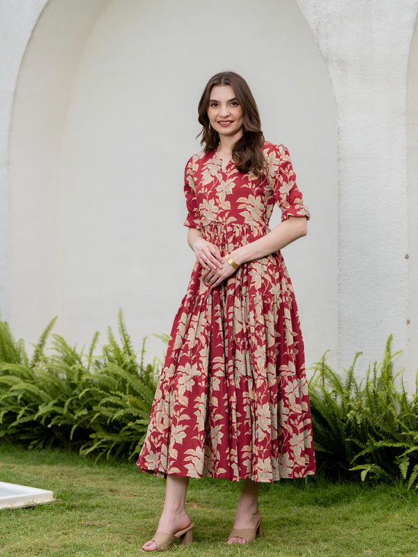 Red Pure Cotton Printed Round Neck Half Sleeves Calf Length Dress Mizaz Jaipur