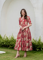 Red Pure Cotton Printed Round Neck Half Sleeves Calf Length Dress Mizaz Jaipur