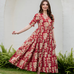 Red Pure Cotton Printed Round Neck Half Sleeves Calf Length Dress Mizaz Jaipur
