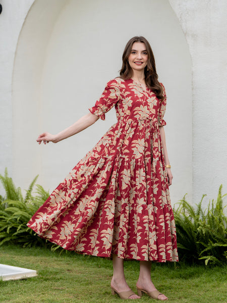 Red Pure Cotton Printed Round Neck Half Sleeves Calf Length Dress Mizaz Jaipur