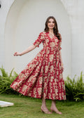 Red Pure Cotton Printed Round Neck Half Sleeves Calf Length Dress Mizaz Jaipur