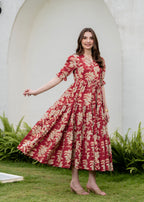 Red Pure Cotton Printed Round Neck Half Sleeves Calf Length Dress Mizaz Jaipur