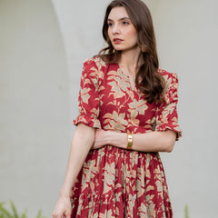 Red Pure Cotton Printed Round Neck Half Sleeves Calf Length Dress Mizaz Jaipur