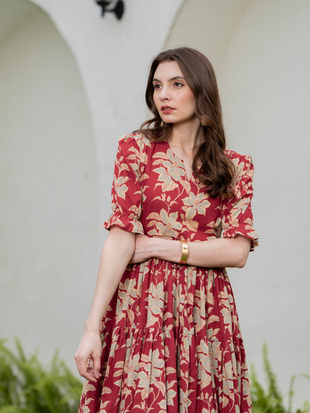 Red Pure Cotton Printed Round Neck Half Sleeves Calf Length Dress Mizaz Jaipur