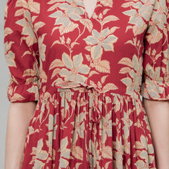 Red Pure Cotton Printed Round Neck Half Sleeves Calf Length Dress Mizaz Jaipur