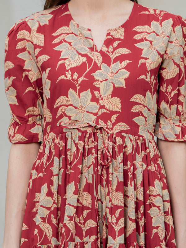 Red Pure Cotton Printed Round Neck Half Sleeves Calf Length Dress Mizaz Jaipur