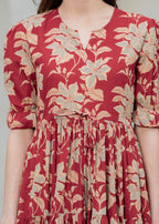 Red Pure Cotton Printed Round Neck Half Sleeves Calf Length Dress Mizaz Jaipur