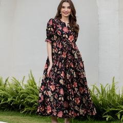 Black Pure Cotton Printed Round Neck Half Sleeves Calf Length Dress Mizazjaipur
