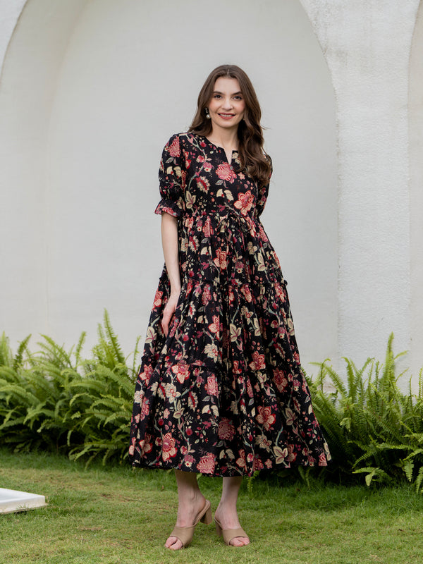 Black Pure Cotton Printed Round Neck Half Sleeves Calf Length Dress Mizazjaipur