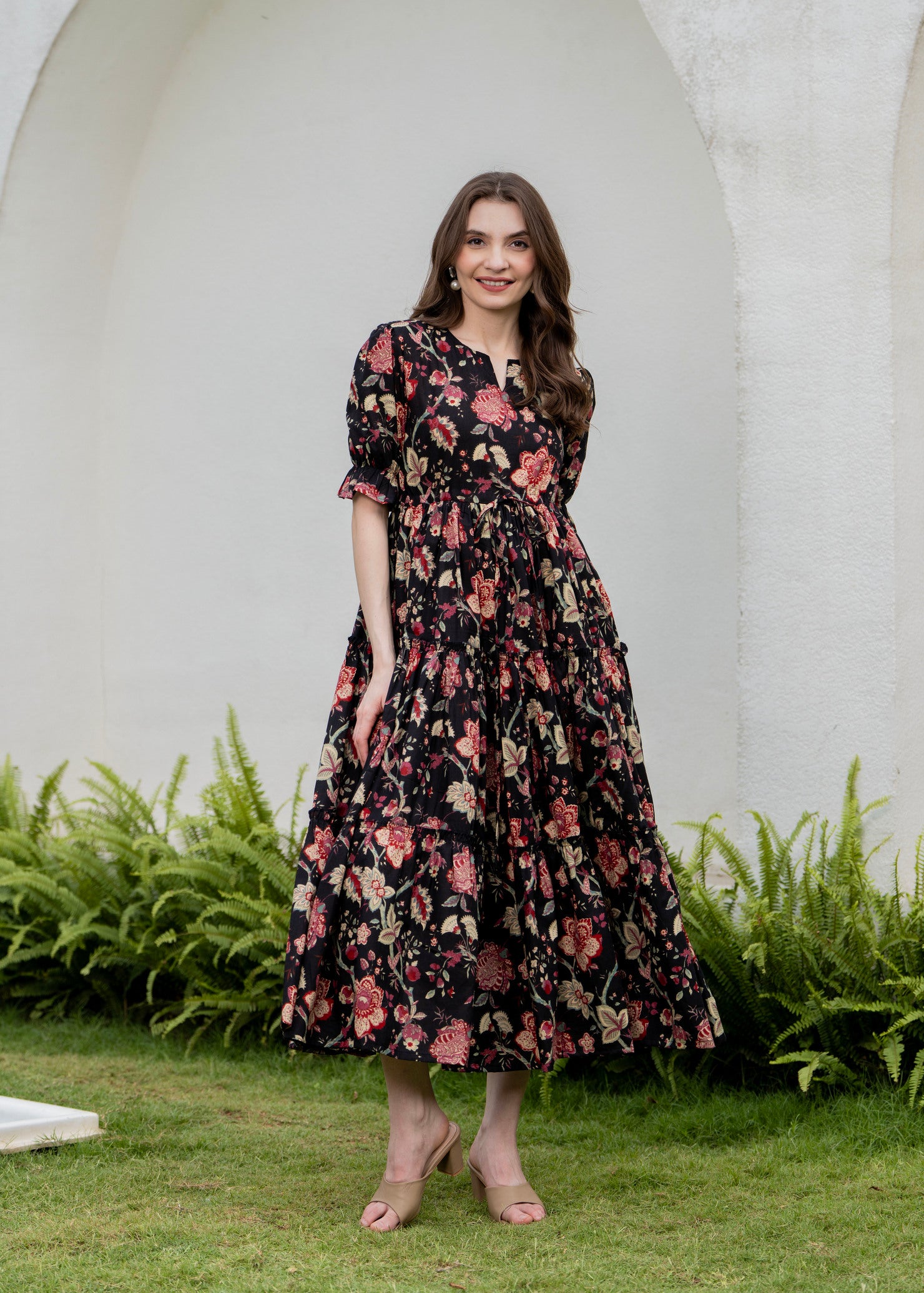 Black Pure Cotton Printed Round Neck Half Sleeves Calf Length Dress Mizazjaipur