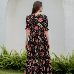 Black Pure Cotton Printed Round Neck Half Sleeves Calf Length Dress Mizazjaipur