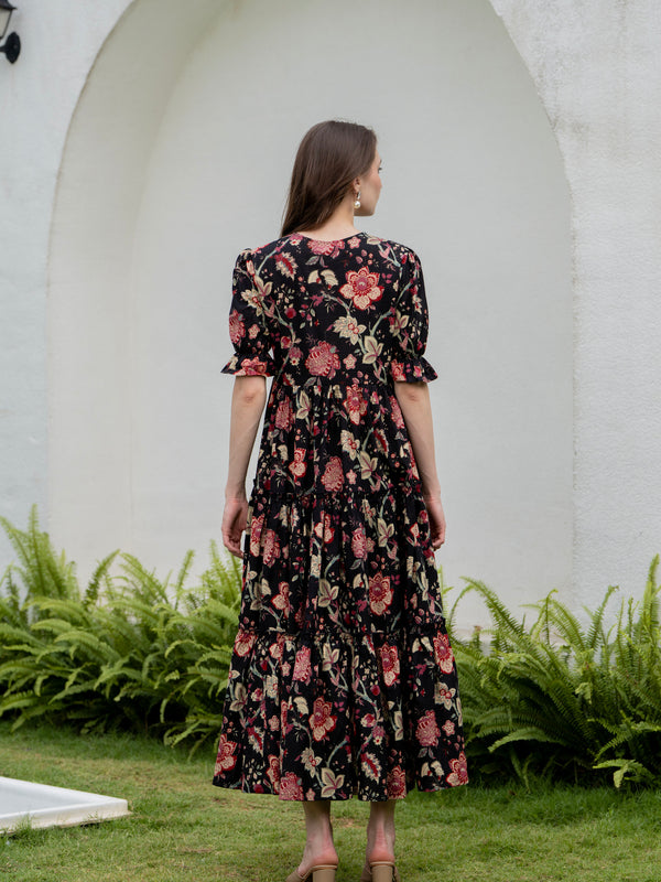 Black Pure Cotton Printed Round Neck Half Sleeves Calf Length Dress Mizazjaipur