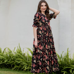 Black Pure Cotton Printed Round Neck Half Sleeves Calf Length Dress Mizazjaipur
