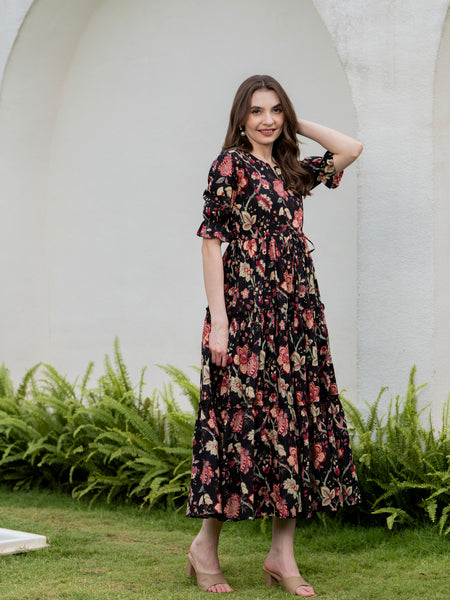Black Pure Cotton Printed Round Neck Half Sleeves Calf Length Dress Mizazjaipur