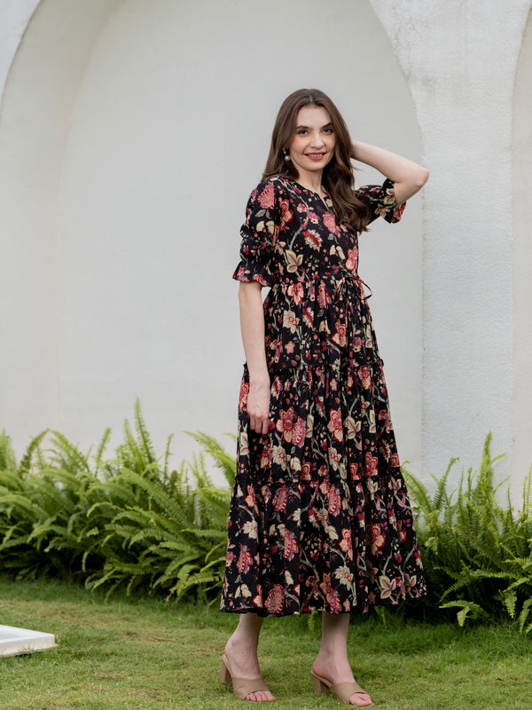 Black Pure Cotton Printed Round Neck Half Sleeves Calf Length Dress Mizazjaipur