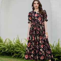 Black Pure Cotton Printed Round Neck Half Sleeves Calf Length Dress Mizazjaipur