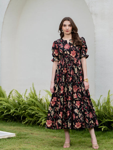 Black Pure Cotton Printed Round Neck Half Sleeves Calf Length Dress Mizazjaipur