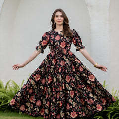Black Pure Cotton Printed Round Neck Half Sleeves Calf Length Dress Mizazjaipur