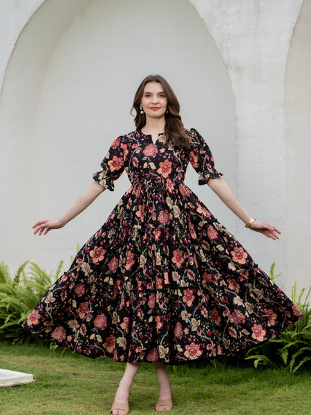 Black Pure Cotton Printed Round Neck Half Sleeves Calf Length Dress Mizazjaipur