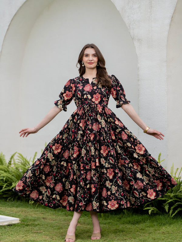 Black Pure Cotton Printed Round Neck Half Sleeves Calf Length Dress Mizazjaipur