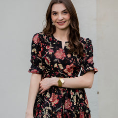 Black Pure Cotton Printed Round Neck Half Sleeves Calf Length Dress Mizazjaipur