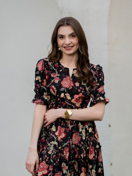 Black Pure Cotton Printed Round Neck Half Sleeves Calf Length Dress Mizazjaipur
