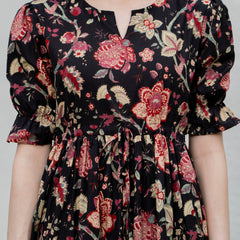 Black Pure Cotton Printed Round Neck Half Sleeves Calf Length Dress Mizazjaipur