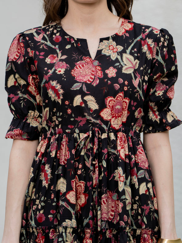 Black Pure Cotton Printed Round Neck Half Sleeves Calf Length Dress Mizazjaipur