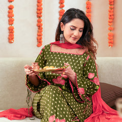 (Pre-order) Olive Green Pure Cotton Printed Square Neck Full Sleeves Hip Length Straight Kurta Farshi Salwar And Dupatta Set Mizazjaipur