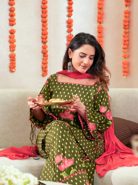 (Pre-order) Olive Green Pure Cotton Printed Square Neck Full Sleeves Hip Length Straight Kurta Farshi Salwar And Dupatta Set Mizazjaipur