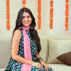 (Pre-order) Teal Pink Floral Pure Cotton Printed Round Neck Sleeveless Hip Length Straight Kurta Farshi Salwar And Dupatta Set Mizazjaipur