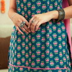 (Pre-order) Teal Pink Floral Pure Cotton Printed Round Neck Sleeveless Hip Length Straight Kurta Farshi Salwar And Dupatta Set Mizazjaipur