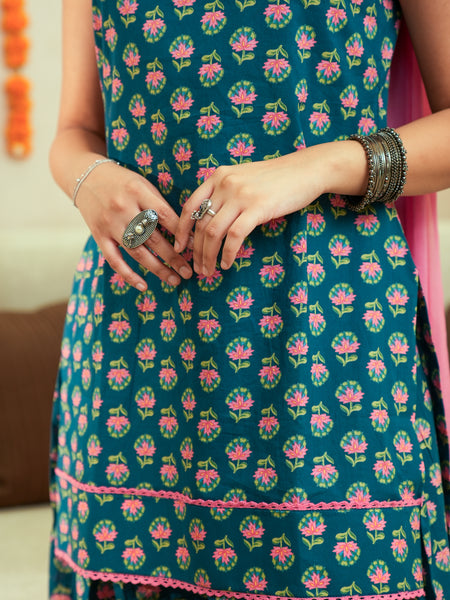 (Pre-order) Teal Pink Floral Pure Cotton Printed Round Neck Sleeveless Hip Length Straight Kurta Farshi Salwar And Dupatta Set Mizazjaipur