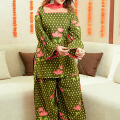 (Pre-order) Olive Green Pure Cotton Printed Square Neck Full Sleeves Hip Length Straight Kurta Farshi Salwar And Dupatta Set Mizazjaipur