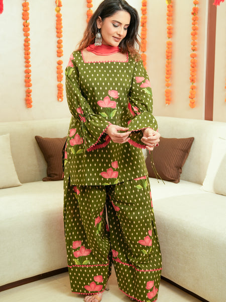 (Pre-order) Olive Green Pure Cotton Printed Square Neck Full Sleeves Hip Length Straight Kurta Farshi Salwar And Dupatta Set Mizazjaipur