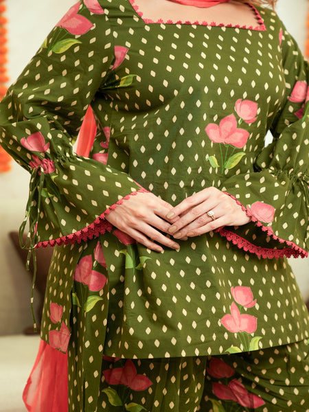 (Pre-order) Olive Green Pure Cotton Printed Square Neck Full Sleeves Hip Length Straight Kurta Farshi Salwar And Dupatta Set Mizazjaipur
