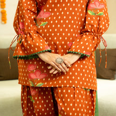 (Pre-order) Orange Pure Cotton Printed Square Neck Full Sleeves Hip Length Straight Kurta Farshi Salwar And Dupatta Set Mizazjaipur