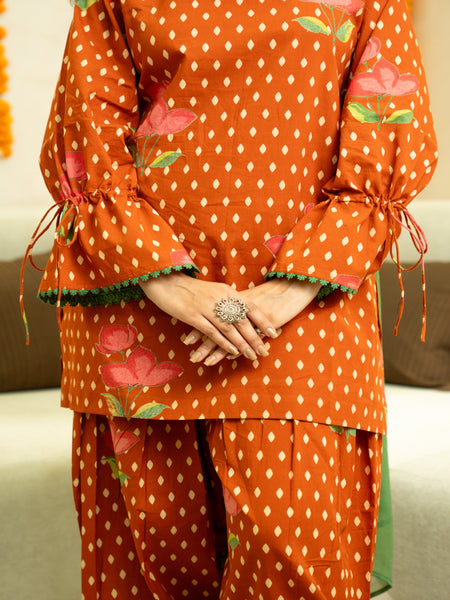 (Pre-order) Orange Pure Cotton Printed Square Neck Full Sleeves Hip Length Straight Kurta Farshi Salwar And Dupatta Set Mizazjaipur