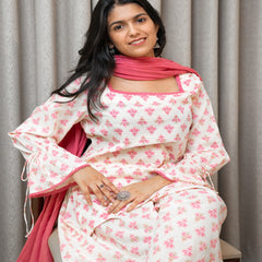 (Pre-order) Off White Pure Cotton Printed Square Neck Full Sleeves Hip Length Straight Kurta Farshi Salwar And Dupatta Set Mizazjaipur