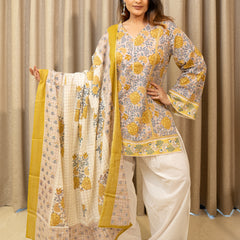 (Pre-order) Misty Floral Pure Cotton Printed V-Neck Full Sleeves Hip Length Straight Kurta Farshi Salwar And Dupatta Set