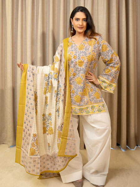 (Pre-order) Misty Floral Pure Cotton Printed V-Neck Full Sleeves Hip Length Straight Kurta Farshi Salwar And Dupatta Set