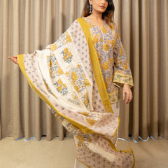 (Pre-order) Misty Floral Pure Cotton Printed V-Neck Full Sleeves Hip Length Straight Kurta Farshi Salwar And Dupatta Set