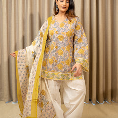 (Pre-order) Misty Floral Pure Cotton Printed V-Neck Full Sleeves Hip Length Straight Kurta Farshi Salwar And Dupatta Set